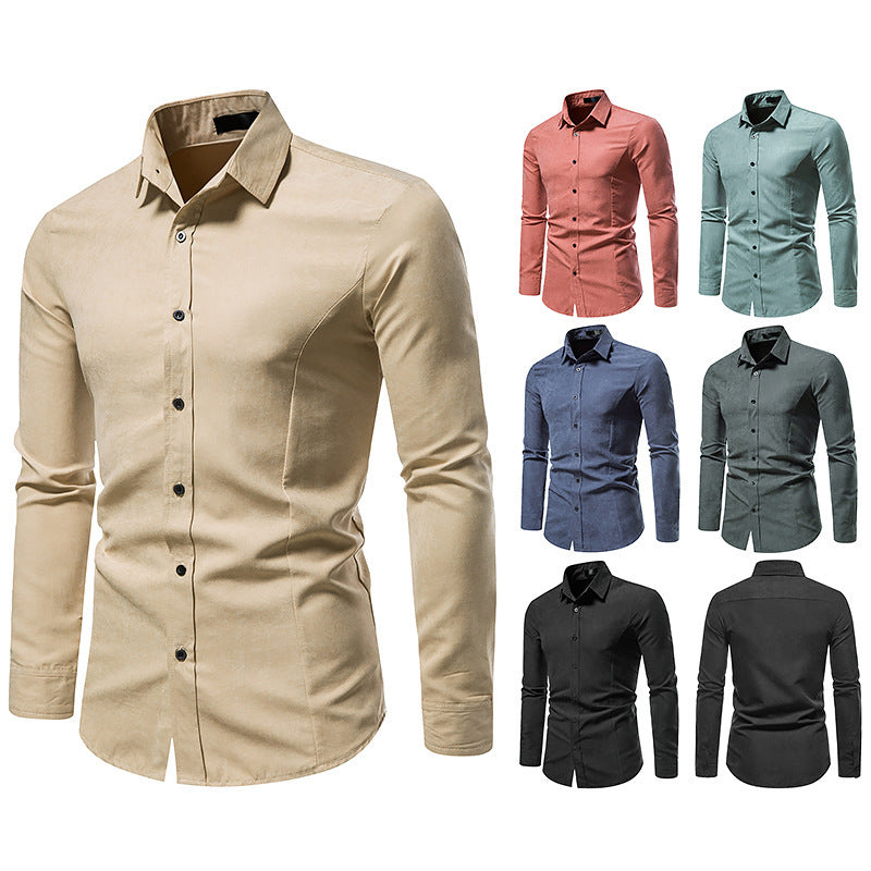 Men's Solid Color Vintage Long Sleeve Shirt Slim Top - Minihomy