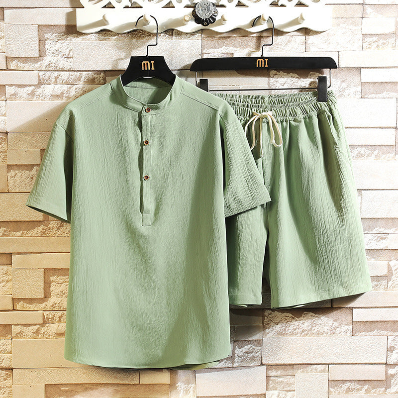 Chinese Style Two-piece Suit Summer New Stand Collar Retro Short Sleeve Suit - Minihomy