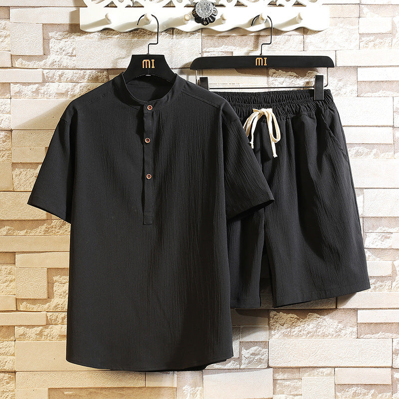 Chinese Style Two-piece Suit Summer New Stand Collar Retro Short Sleeve Suit - Minihomy