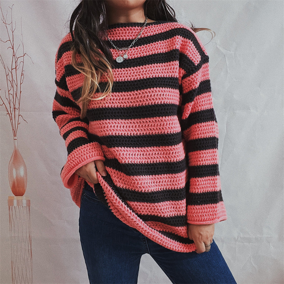 Women's Loose Off Shoulder Striped Long-sleeved Sweater