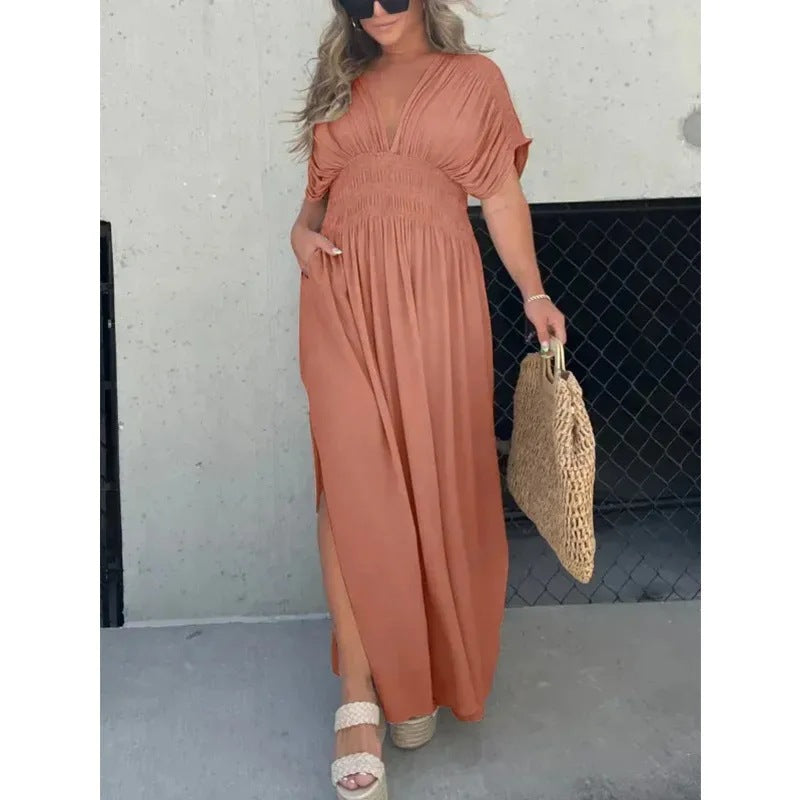 Summer V-Neck Batwing Sleeve Dress with Elastic Waist - Women's Casual Short Sleeve Maxi Dress