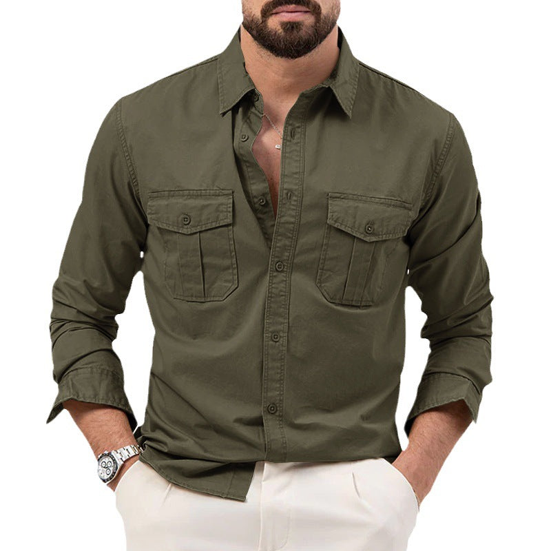 Men Shirt Multi-pocket Solid Color Casual Long Sleeves Top - Minihomy