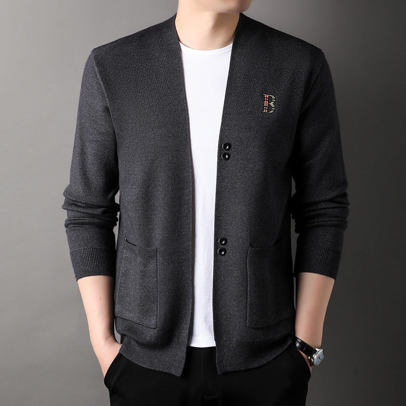 Autumn Knitted Cardigan Men's Simple Embroidery Versatile Sweater Coat - Minihomy