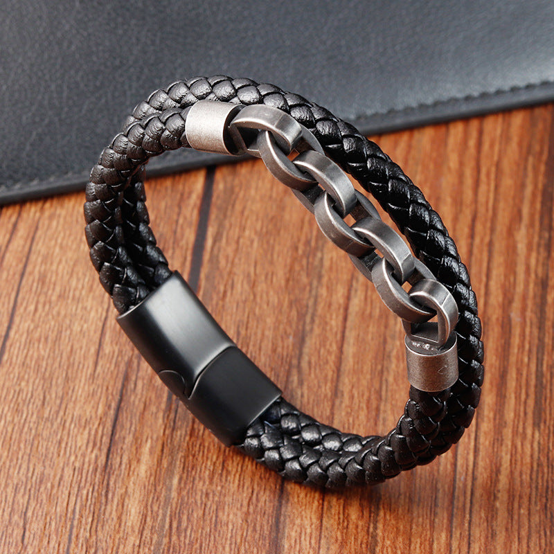 Black Genuine Leather Chain Bracelet with Magnetic Buckle - Minihomy