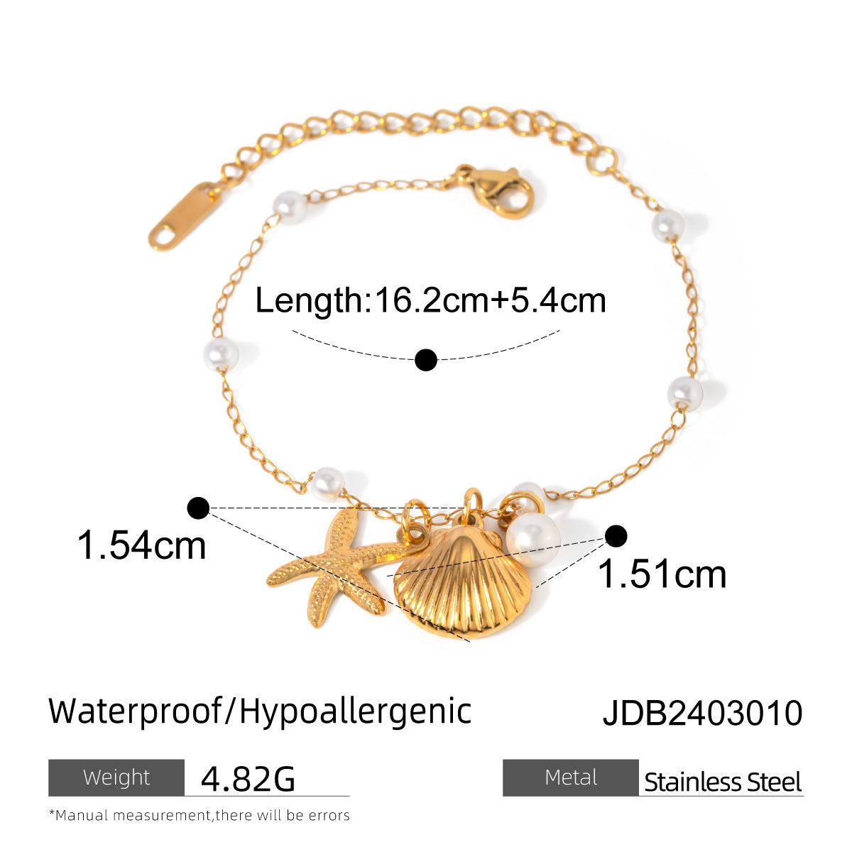 18K Gold Pearl Chain Bracelet - Summer Shell & Starfish Pendant - Minihomy