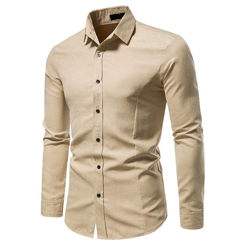 Men's Solid Color Vintage Long Sleeve Shirt Slim Top - Minihomy