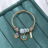 Crystal Stainless Steel Fatima Turkey Blue Eyes Wire Bracelet - Minihomy