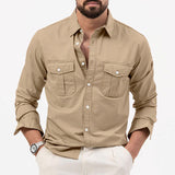 Men Shirt Multi-pocket Solid Color Casual Long Sleeves Top - Minihomy