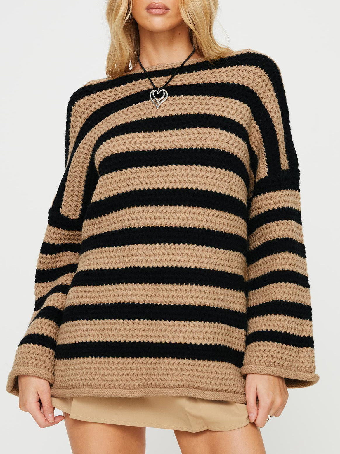 Women's Loose Off Shoulder Striped Long-sleeved Sweater