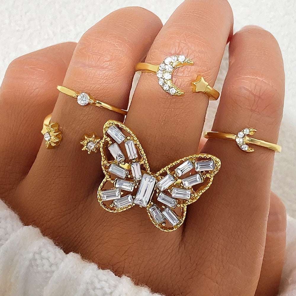 Butterfly Couple Rings Set - Silver Vintage Geometric Wedding Band Gift - Minihomy