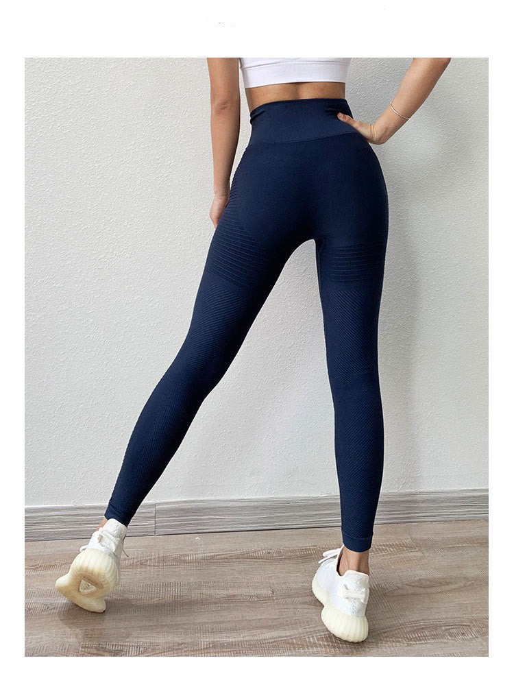 High Waist Workout Leggings Breathable Striped Abdominal Trousers - Minihomy