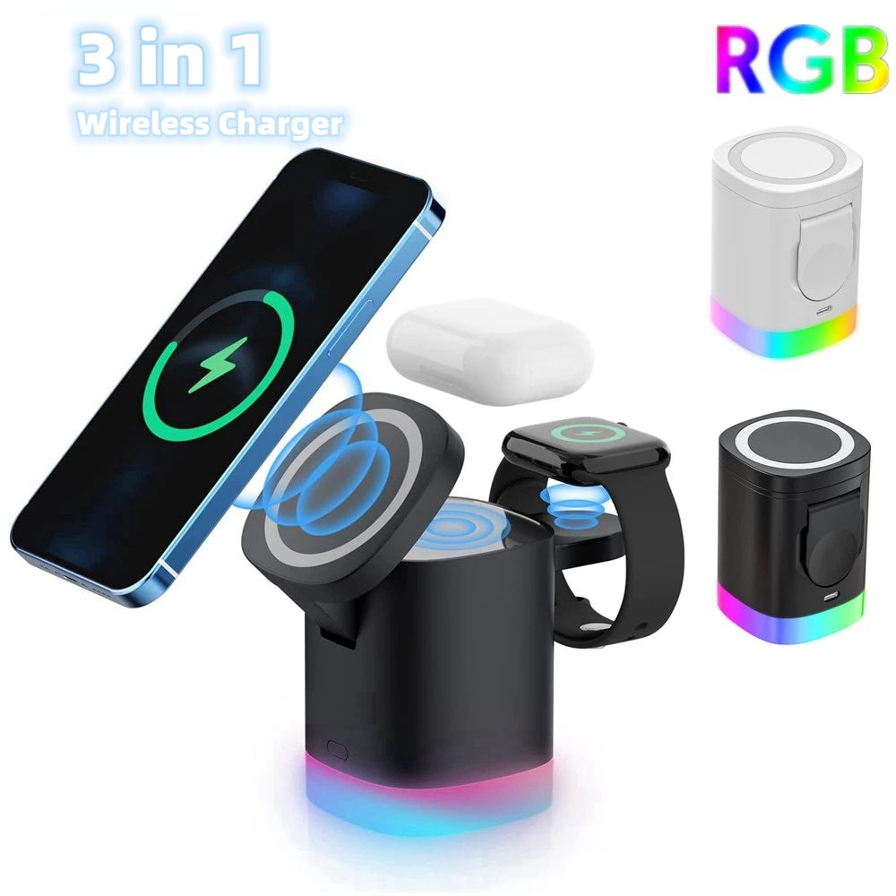 3-in-1 Magnetic Wireless Charger with RGB Light - iPhone, AirPods, iWatch