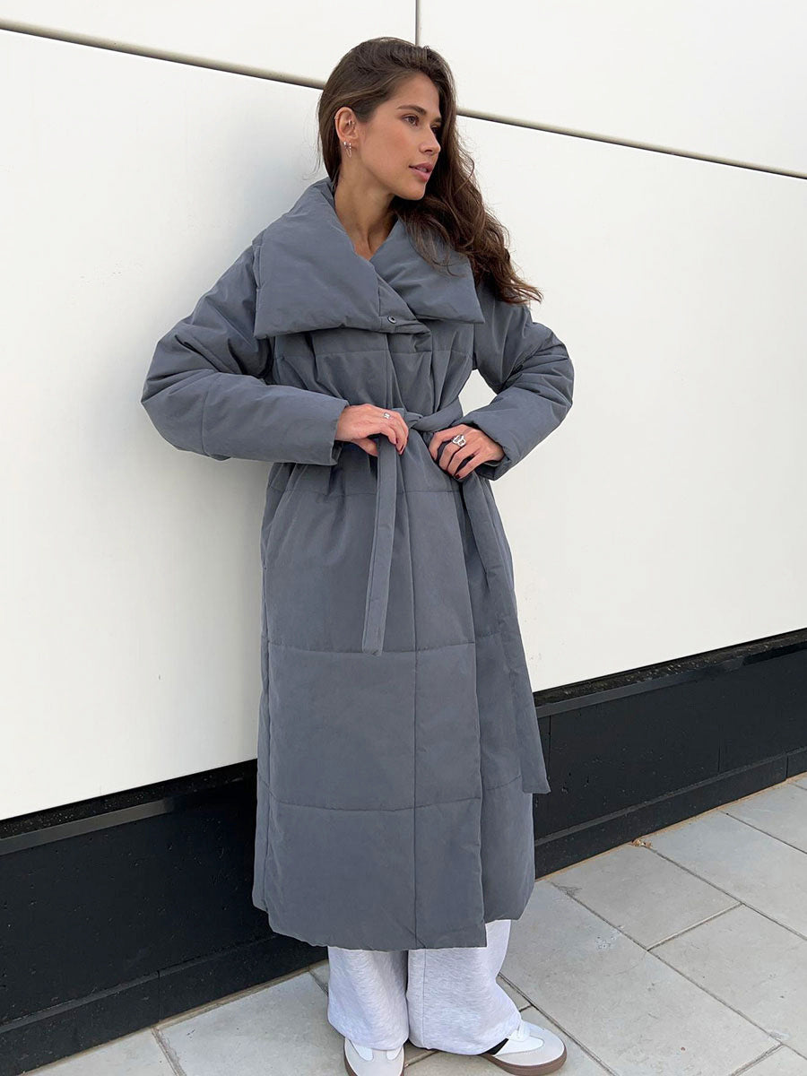 Women's Warm Winter Coat - Long Lapel, Cotton, Pockets, Lace-up