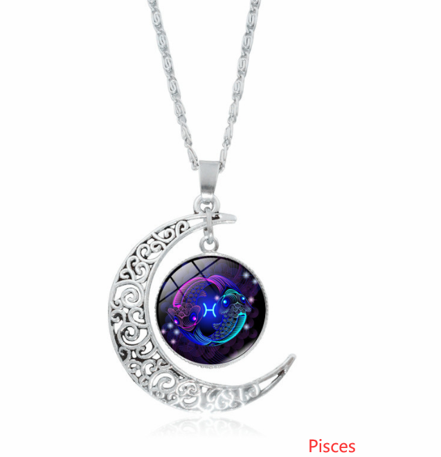 12 constellation time gemstone half moon pendant necklace - Minihomy