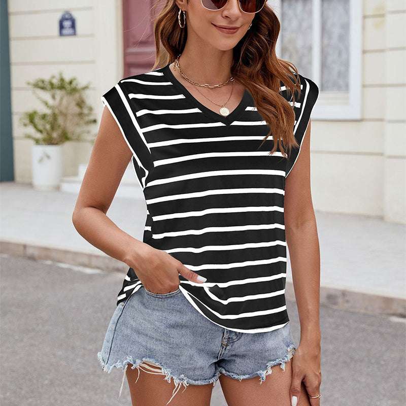 Fashion Stripe Print V-neck Short-sleeved T-Shirt Summer Loose Tank Top Womens Clothing - Minihomy