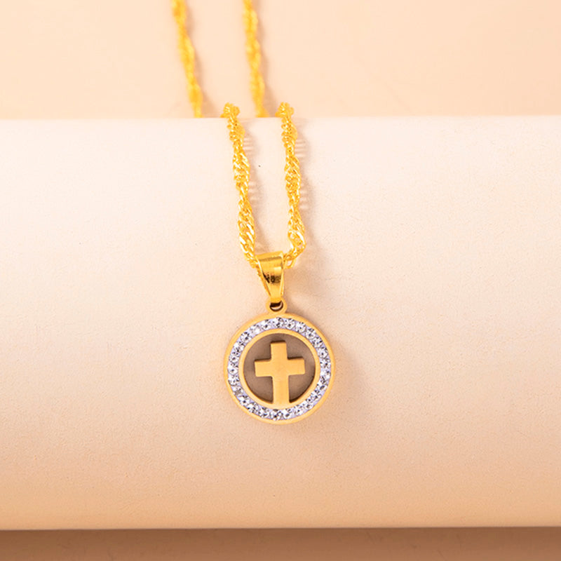 Gold Hollow Round Cross Necklace Silver Stainless Steel Crystal Circle Pendant Necklaces - Minihomy