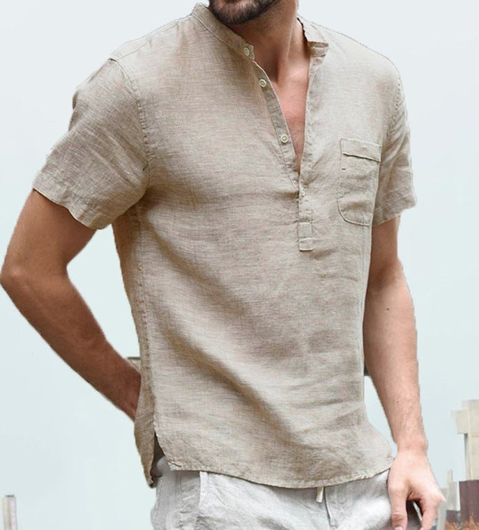 Casual Linen Solid Color Shirt Button V Neck Beach Shirt Men Summer Tops - Minihomy