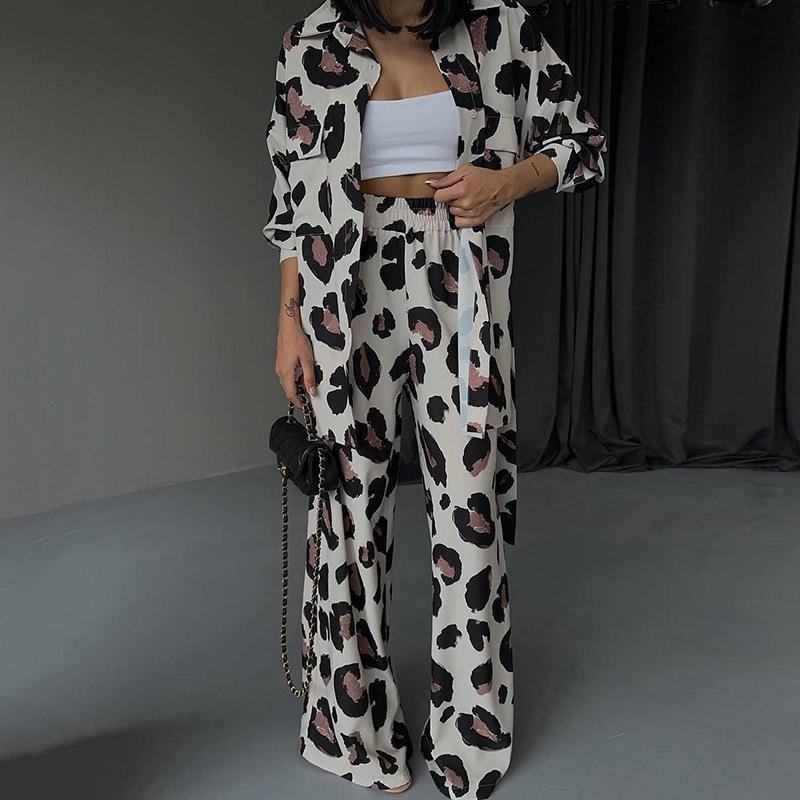 Printed Design Long-sleeved Shirt Wide-leg Pants Two-piece Set