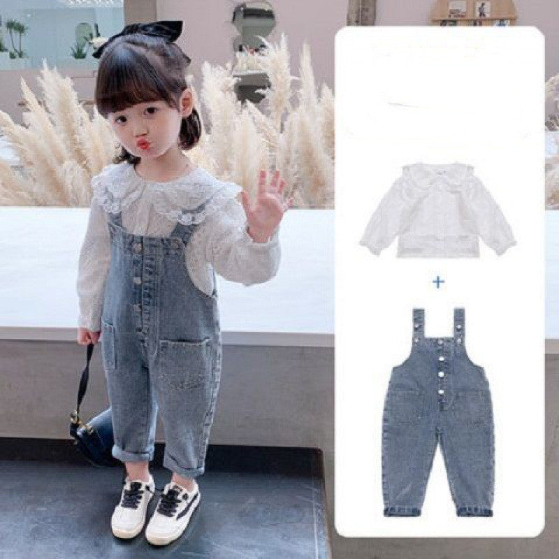 Girls Denim Overalls And Lace Shirt Two-piece Suit - Minihomy