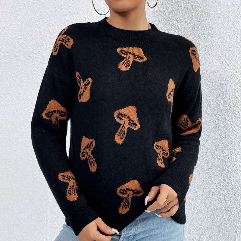 Jacquard Crewneck Pullover Knitted Sweaters For Women Casual Skull Halloween Sweater - Minihomy