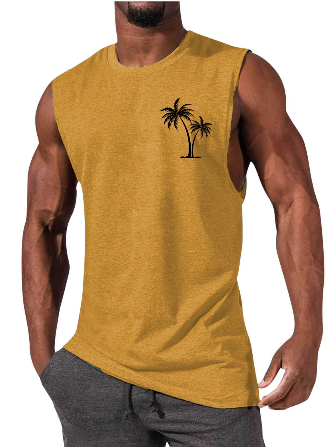 Coconut Tree Embroidery Vest - Summer Beach Tank Tops Workout Muscle Men Sports Fitness T-shirt - Minihomy