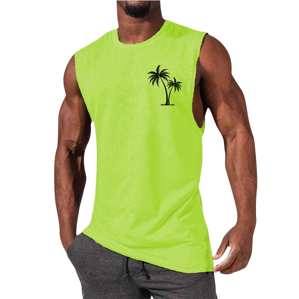 Coconut Tree Embroidery Vest - Summer Beach Tank Tops Workout Muscle Men Sports Fitness T-shirt - Minihomy