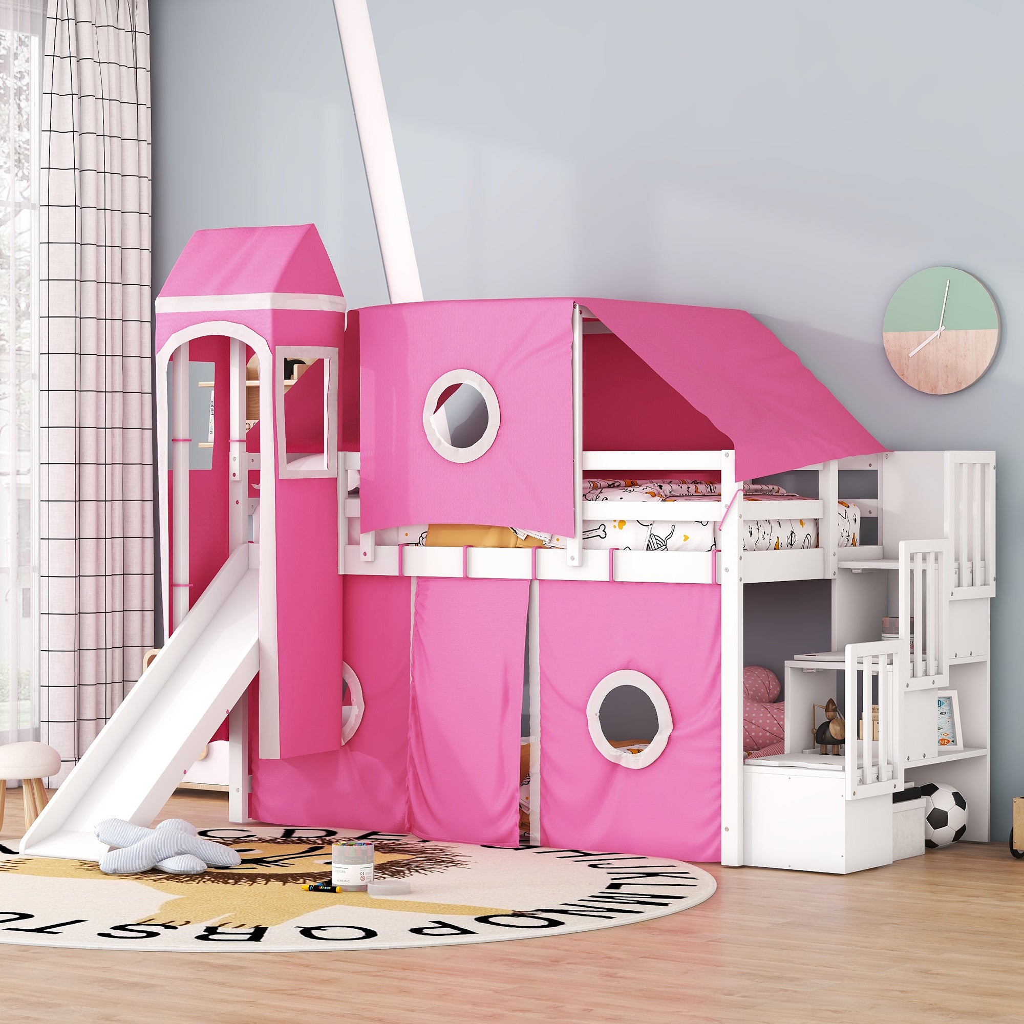 Twin Loft Bed with Tent & Tower - Pink for Girls, Kids Bedroom Furniture