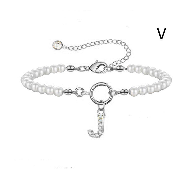 Personalized Initial Bracelet with Pearl Charm - A-Z Letter Toggle Clasp Jewelry Gift for Women - Minihomy