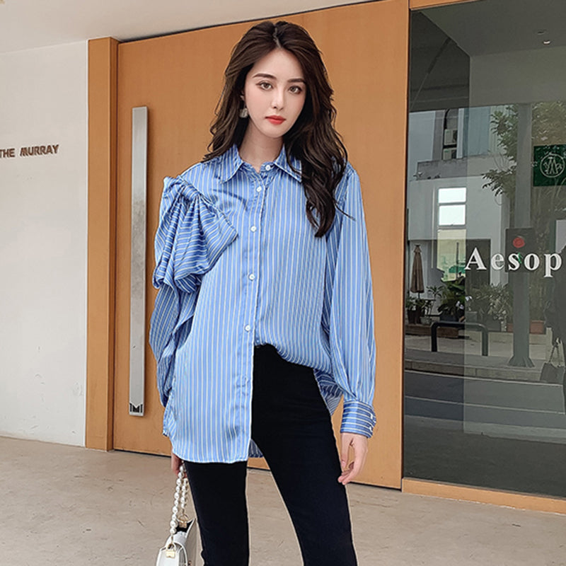 Casual Blue Striped Shirts For Women Lapel Long Sleeve Bowknot Patchwork Blouses - Minihomy