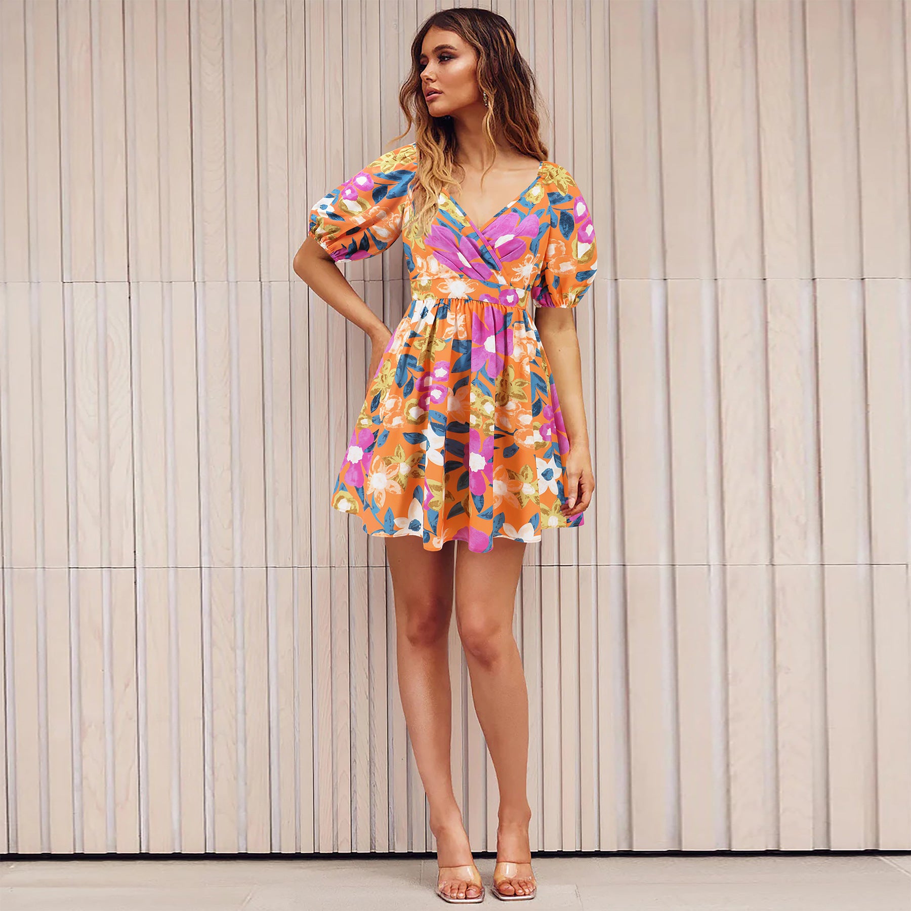 Women's V-Neck Lantern Sleeve Floral Print Summer Beach Dress - Y2K Fashion