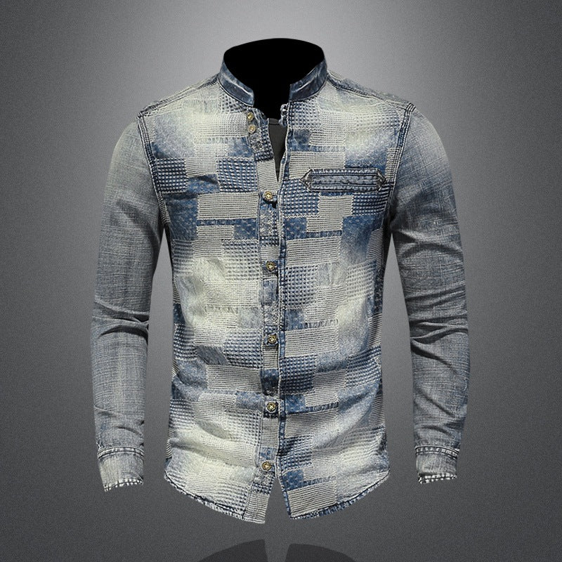 Retro Color Personality Patch Denim Punk Shirt Men