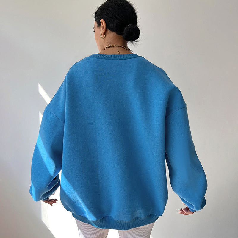 Loose Sweater Women's Casual Round Neck Pullover Tops Solid Color Sports Sweatshirt - Minihomy