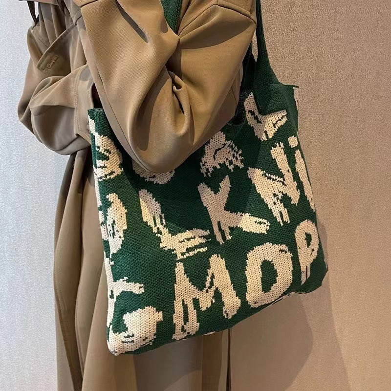 Letter Printed Knit Bag Shopping Shoulder Bag Large Capacity Handbag - Minihomy