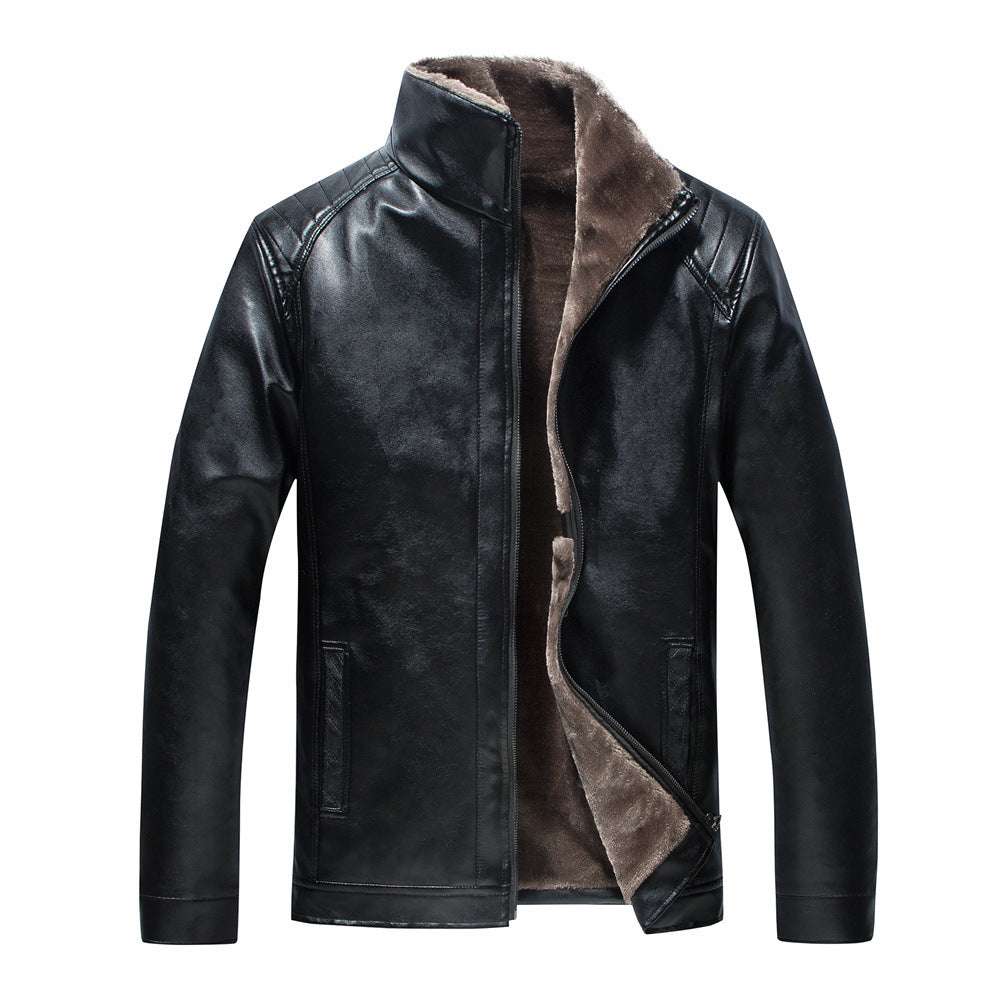 Men's Stand Collar Leather Jacket Plush Leisure - Minihomy