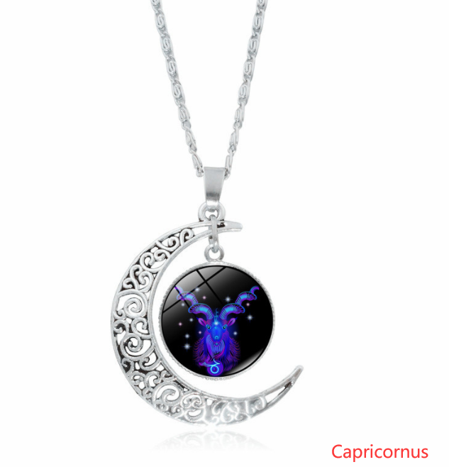 12 constellation time gemstone half moon pendant necklace - Minihomy