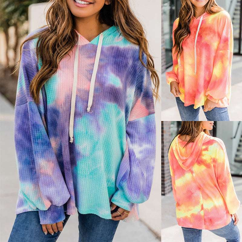 Ladies Tie Dye Hooded Long Sleeve Sweatshirt Pullover - Minihomy