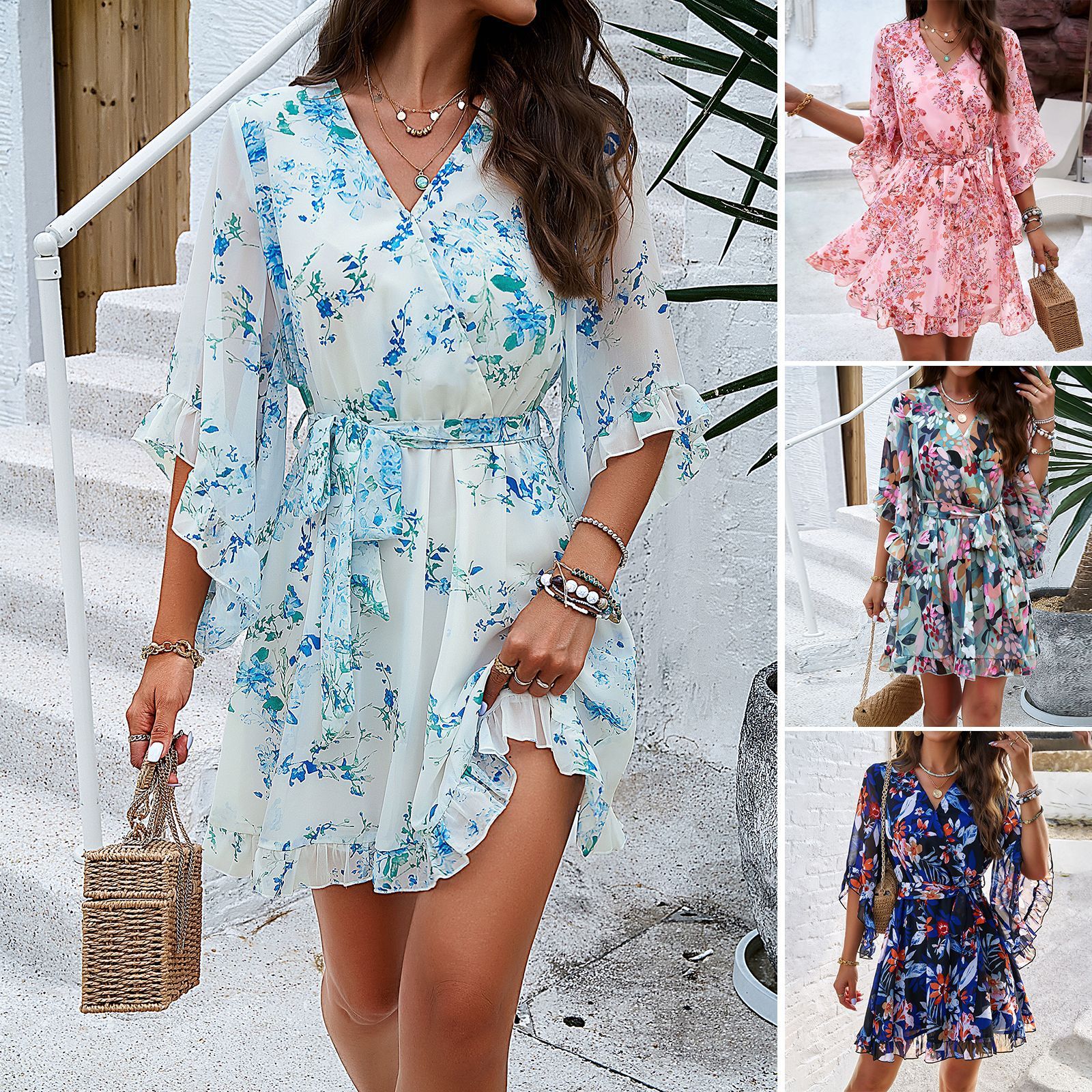 Summer Floral Print V-Neck Short Dress with Ruffles and Lace-Up Design - Women's Clothing