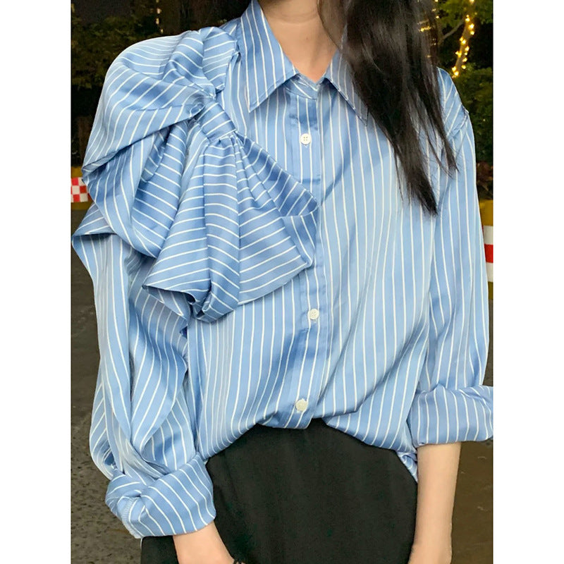 Casual Blue Striped Shirts For Women Lapel Long Sleeve Bowknot Patchwork Blouses - Minihomy