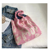 Letter Printed Knit Bag Shopping Shoulder Bag Large Capacity Handbag - Minihomy