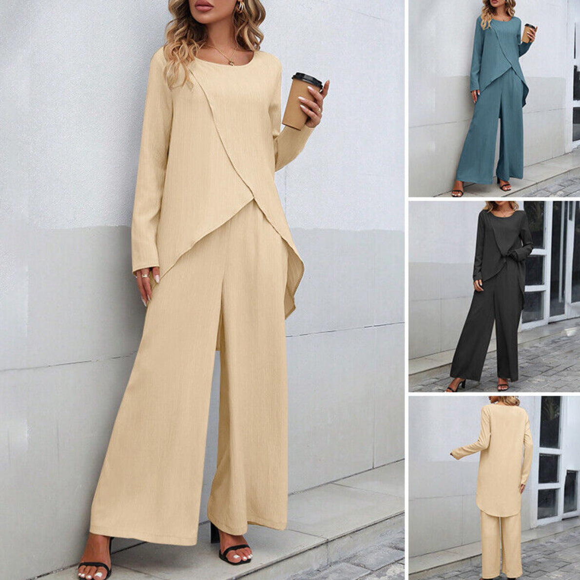 Women's Long Sleeve Top & Wide Leg Pants Set - Irregular Hem, Elastic Waist