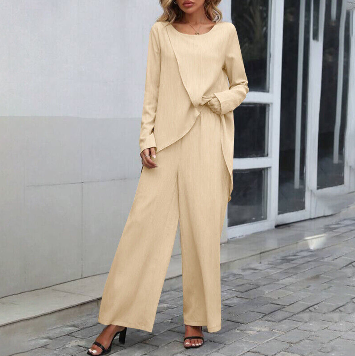 Women's Long Sleeve Top & Wide Leg Pants Set - Irregular Hem, Elastic Waist