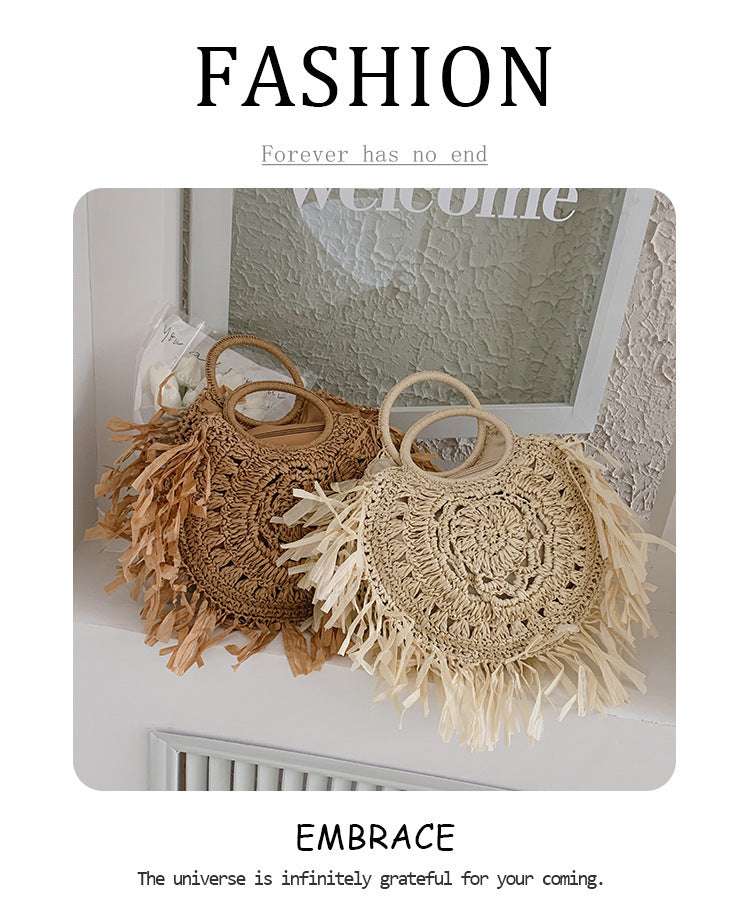 Hollow Straw Tassel Handbag - Minihomy