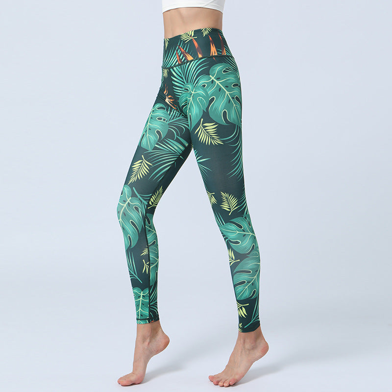 Leaves Printed Yoga Pants Women's High Waist Hip Lifting Leggings - Minihomy