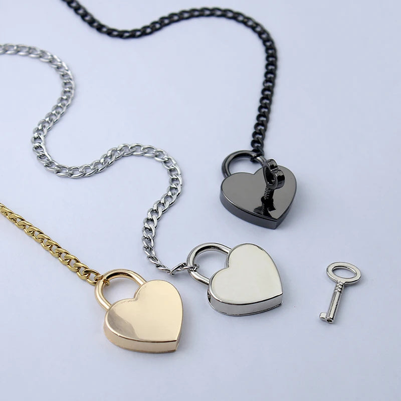 Adjustable Heart Lock Cuban Chain Necklace with Key - Silver/Gold - Minihomy