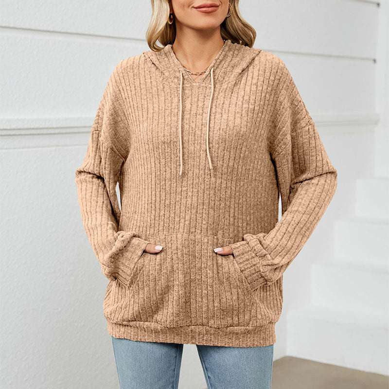 Knitted Sweater With Hooded Pit Stripe Kangaroo Pocket Sweater - Minihomy