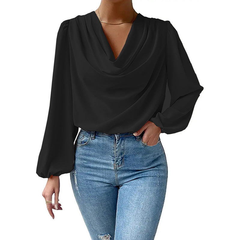 Chiffon Long-sleeved Shirt Loose V-neck Top T-shirt Women's Clothing - Minihomy