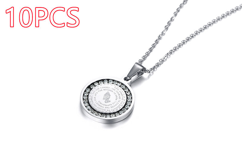 Stainless Steel Rhinestone English Scripture Prayer Pendant Necklace