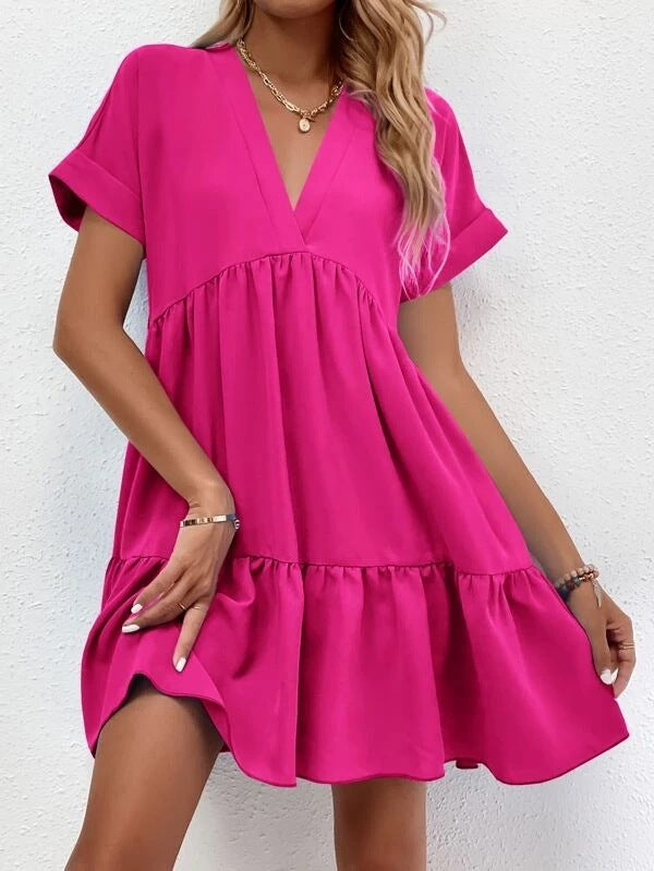 Short-sleeved V-neck Dress Summer Casual Sweet Ruffled Dresses Solid Color Holiday Beach Dress For Womens Clothing