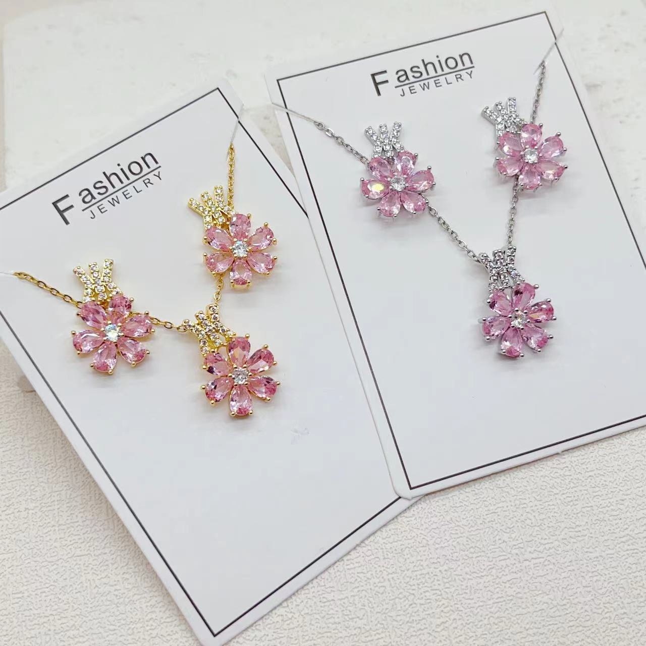 Glamorous Copper Plated Gold Hand Inlaid Pink Water Drop Flower Fashion Necklace and Earrings Set - Minihomy