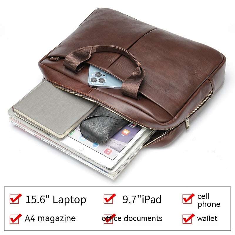 Large Leather Briefcase for Men - Horizontal Cowhide Computer Bag - Minihomy